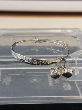 Baby Silver-Tone Floral Engraved Bangle Bracelet with Double Charm